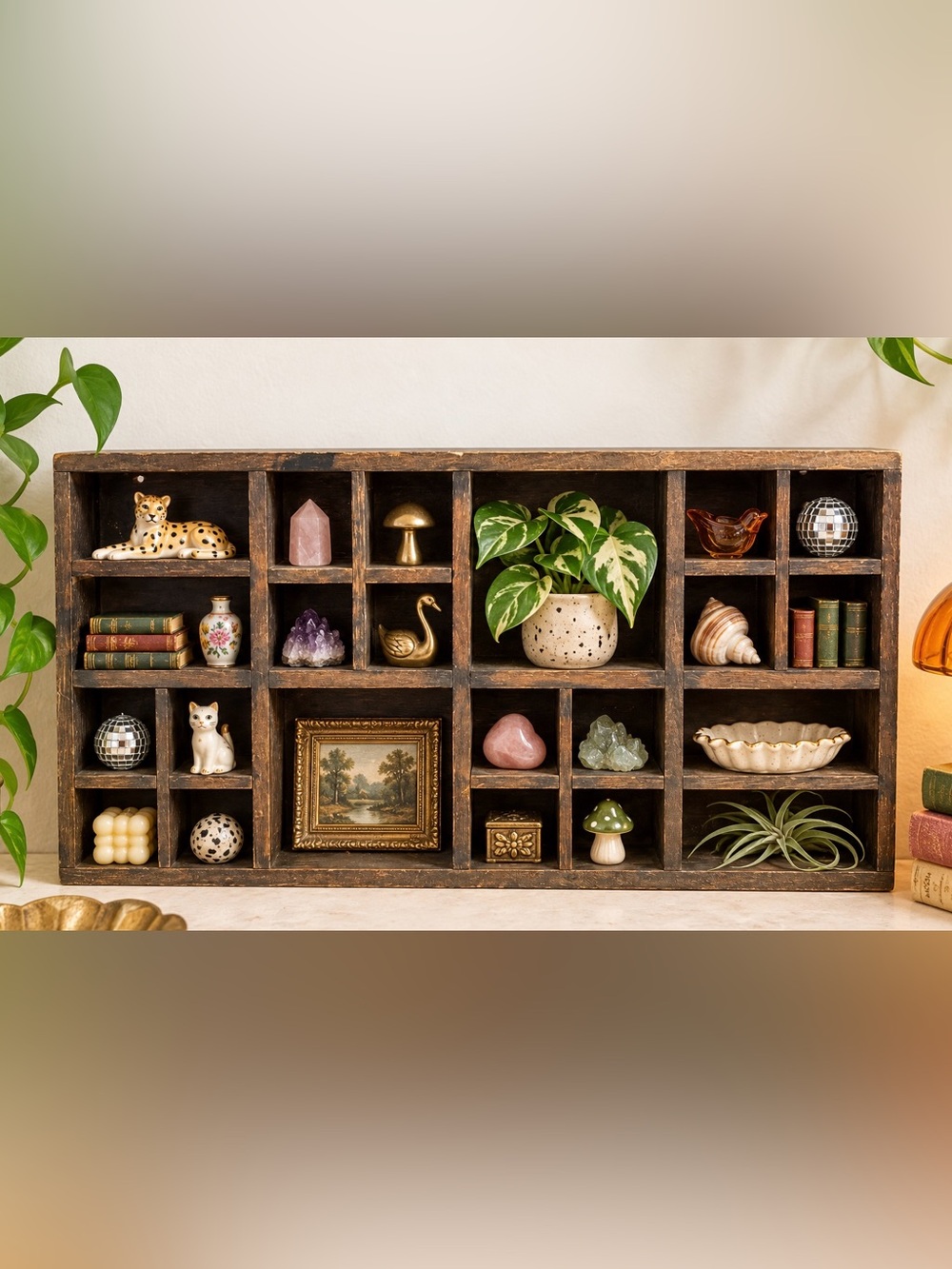 Vintage Wooden Cubby Trinket Display Shelf 18” Rustic Wall Shadow Box